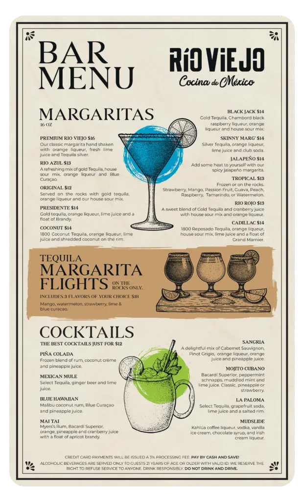 Rio Viejo drink menu — margaritas