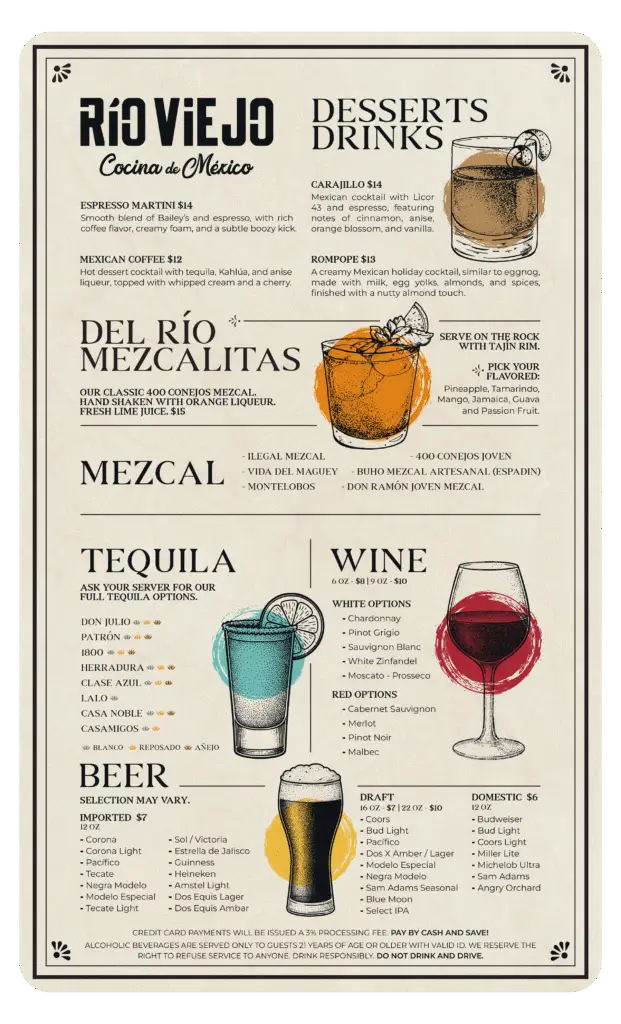 Rio Viejo mezcal and drinks menu