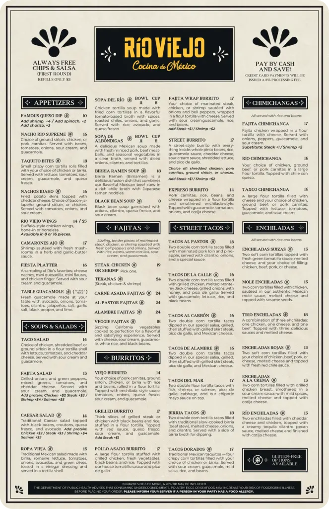 Rio Viejo main menu — page one